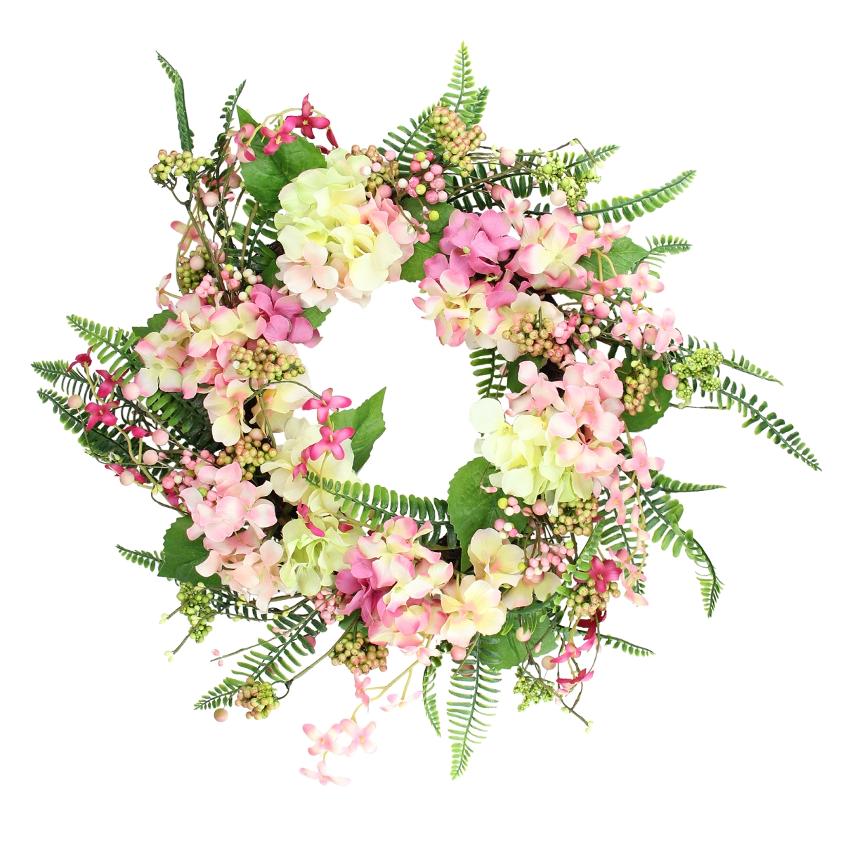 20 in. Pink & Yellow Hydrangea Artificial Spring Wreath with Green Foliage