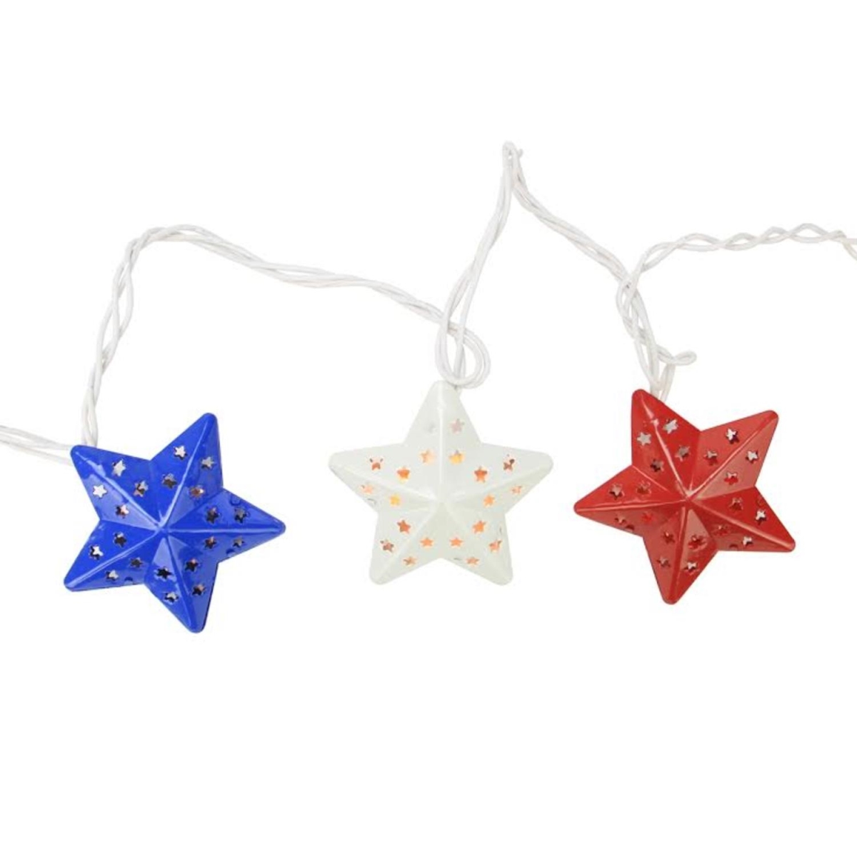 Red - White and Blue Metal Star 4th of July Patio Christmas Lights - White Wire - Set of 10