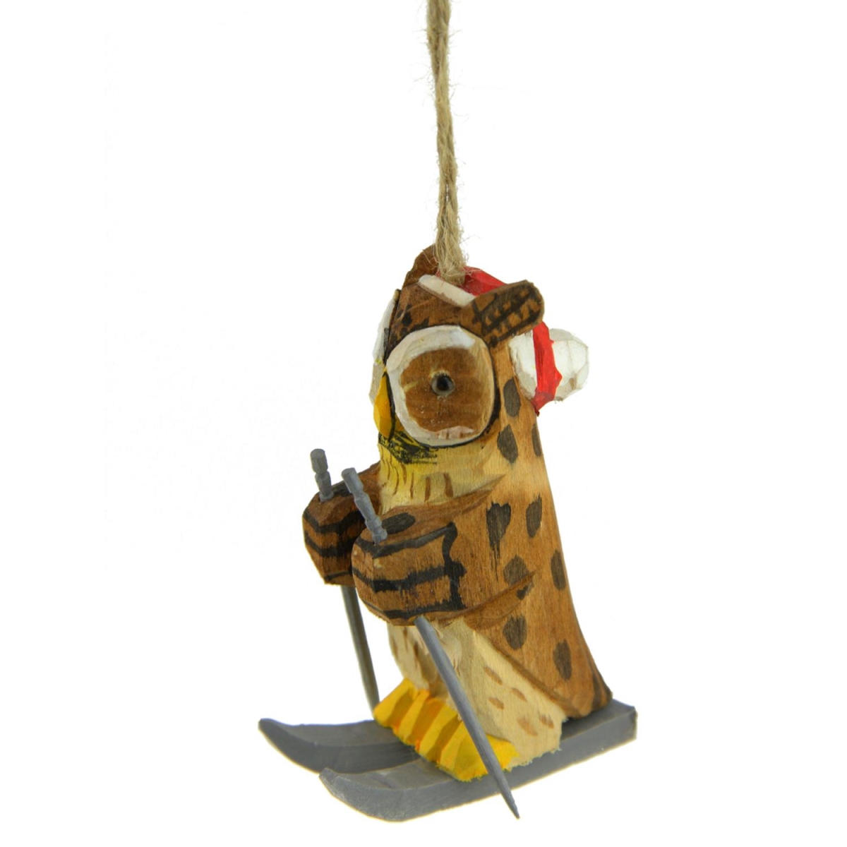 3.5 in. Decorative Wooden Owl Skiing Christmas Ornament, Brown, Yellow & Gray