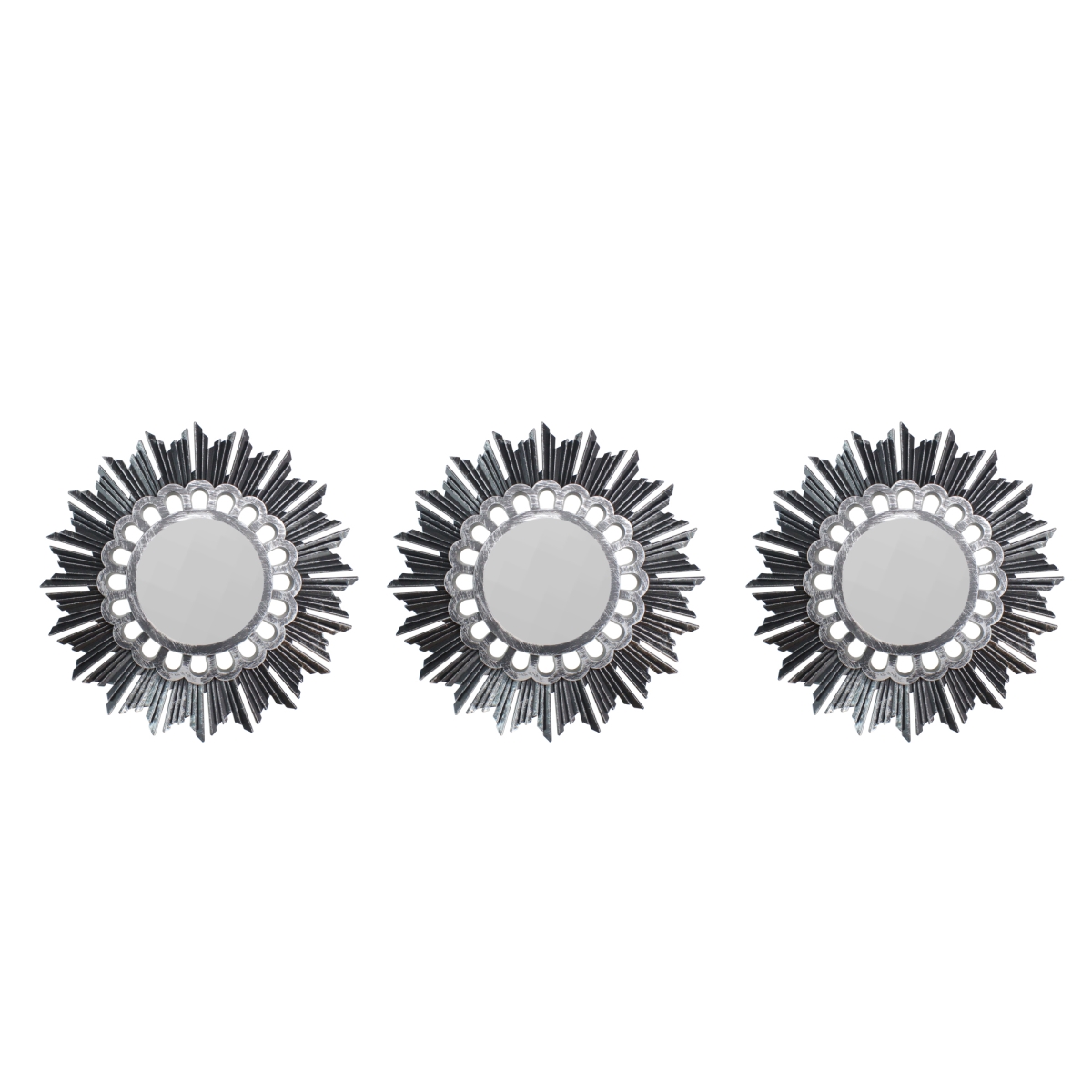 9.5 in. Floral Sunburst Brushed Round Mirrors, Silver - Set of 3
