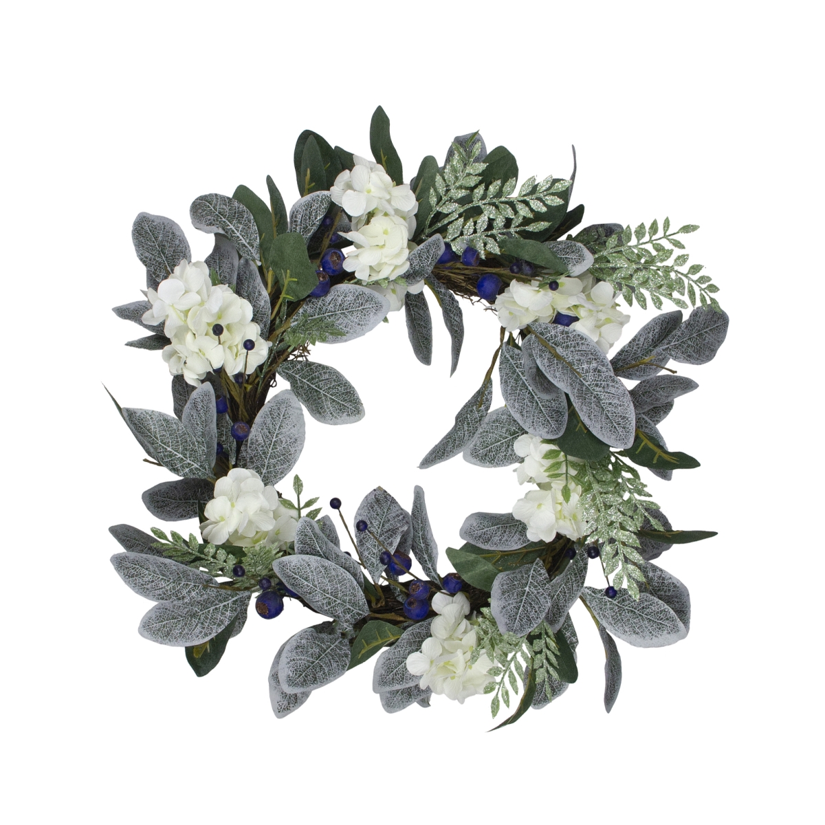 26 in. Iced Leaves Hydrangeas & Blue Berries Artificial Christmas Wreath - Unlit