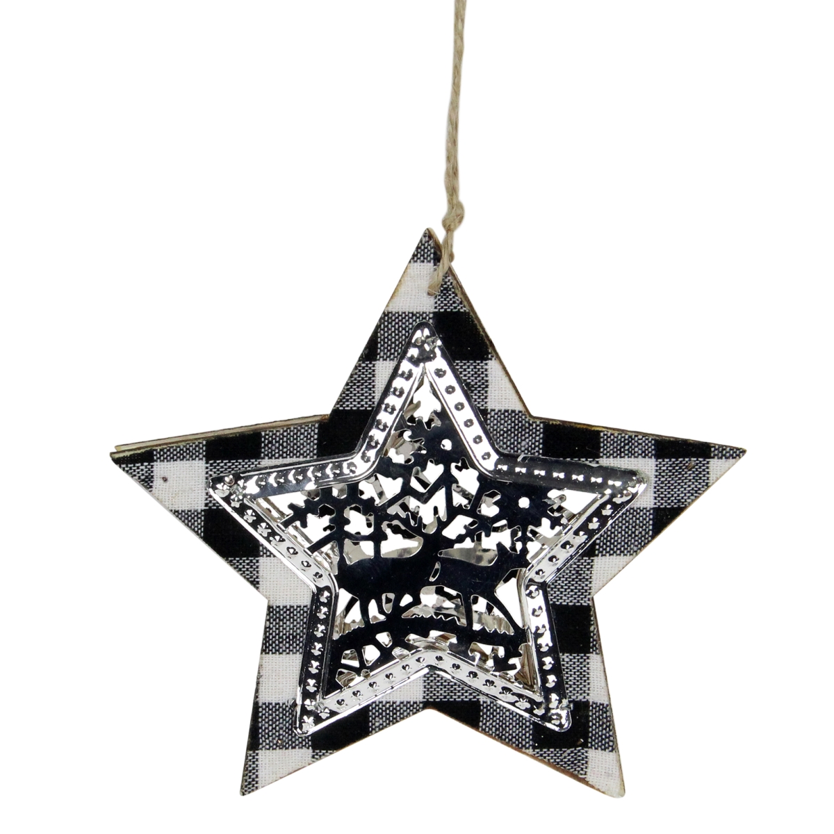 33530752 5 in. Black & White Buffalo Plaid Star Shaped & Reindeer Christmas Ornament -  NorthLight