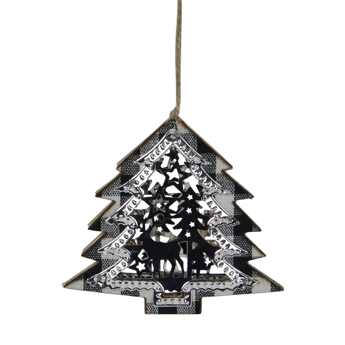 33530754 4.25 in. Black & White Buffalo Plaid Christmas Tree Shaped Reindeer Ornament