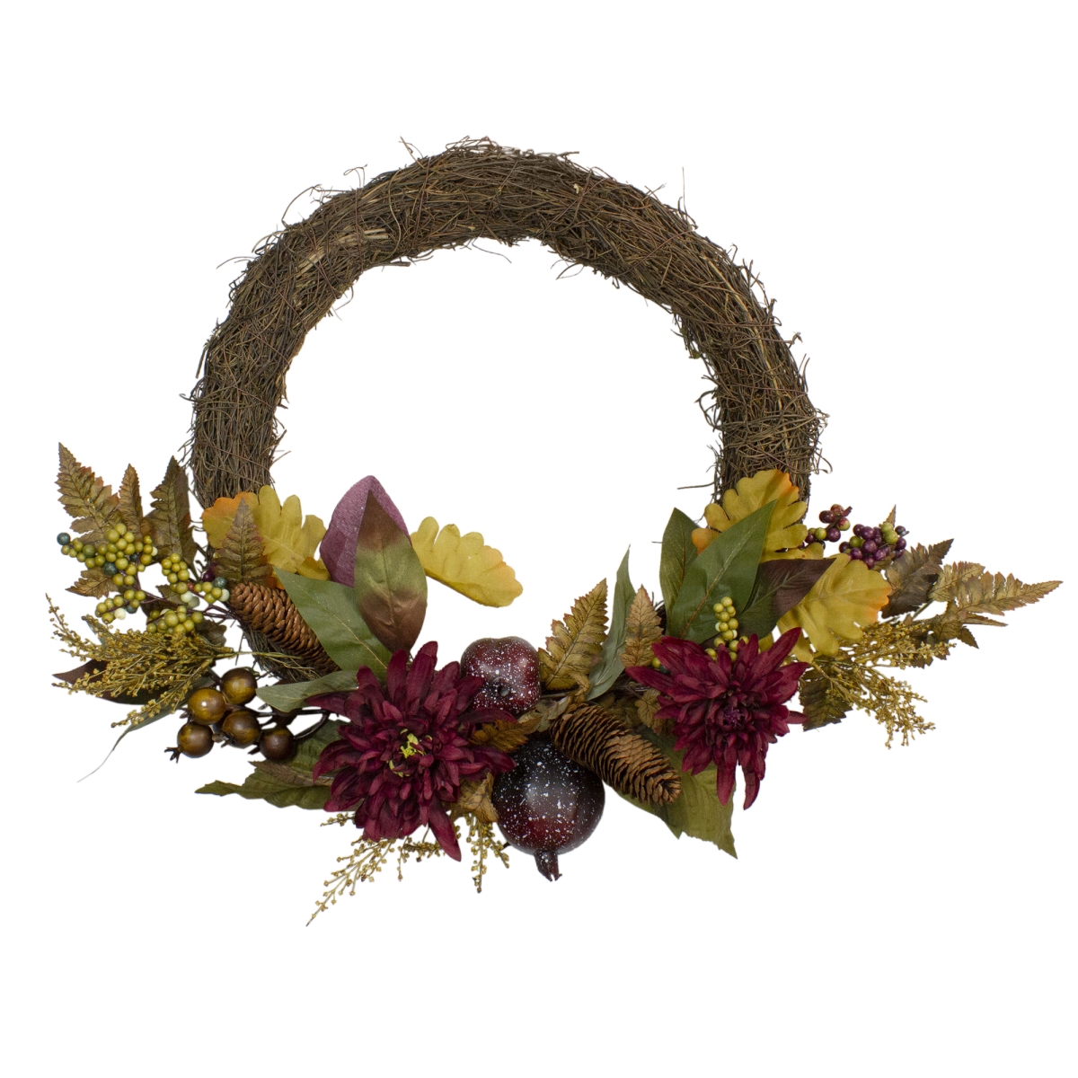 20 in. Autumn Harvest Mums with Pomegranate Autumn Grapevine Wreath - Unlit
