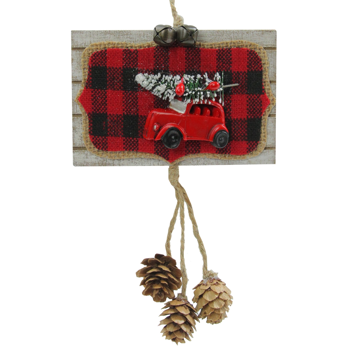 33750221 4.75 in. Plaid Wooden Door Sign with Red Car & Pine Cones Christmas Ornament, Red & Black