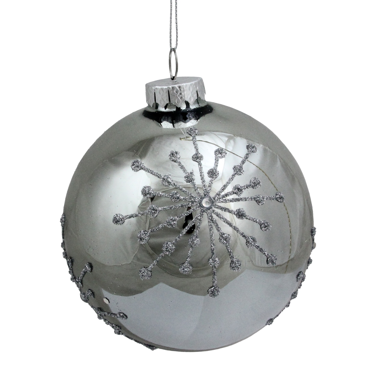 4 in. Shiny Mirrored Ball with Raised Snowflake Design Christmas Ornament, Silver