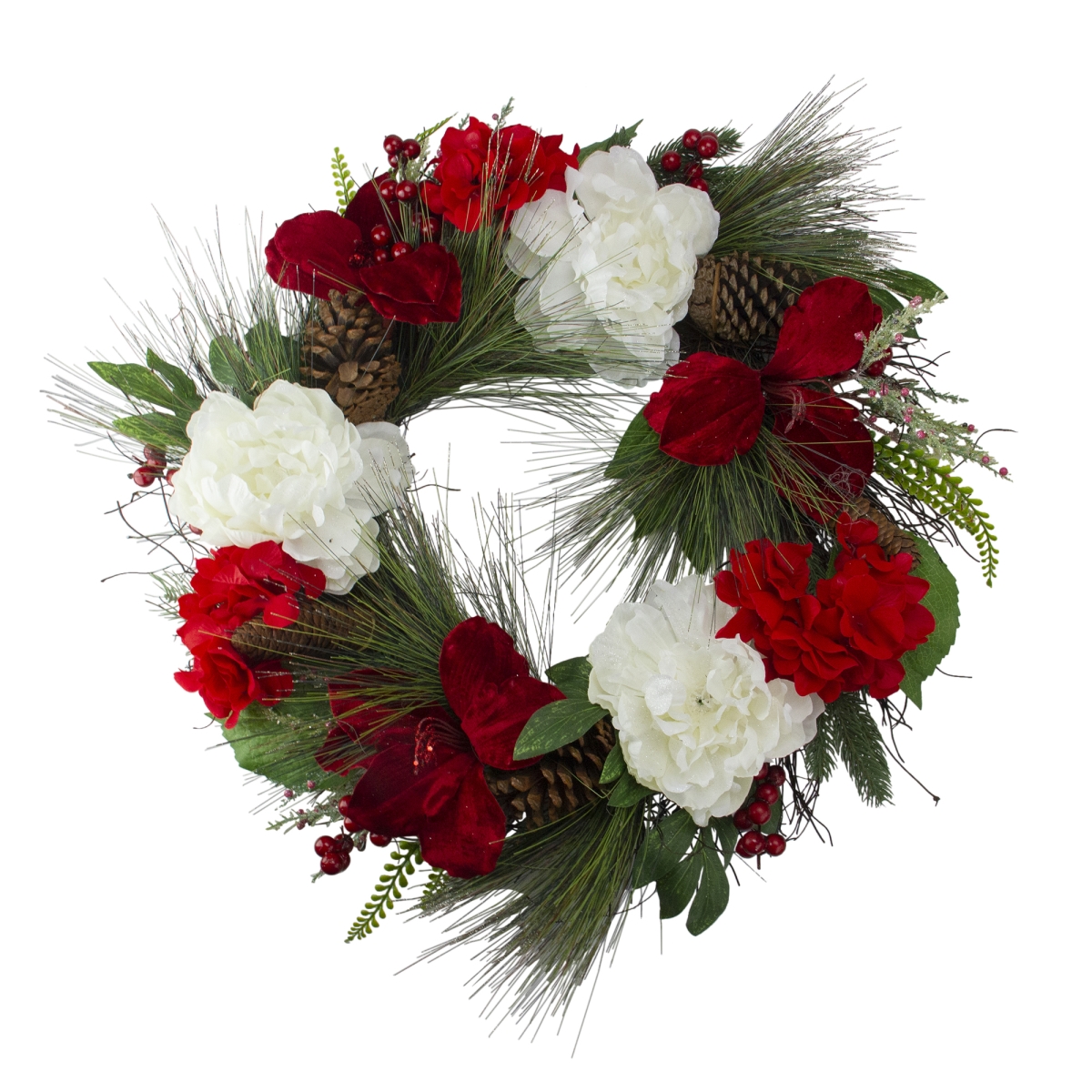 24 in. Peony & Amaryllis Floral Grapevine Christmas Wreath, Red & White - Unlit