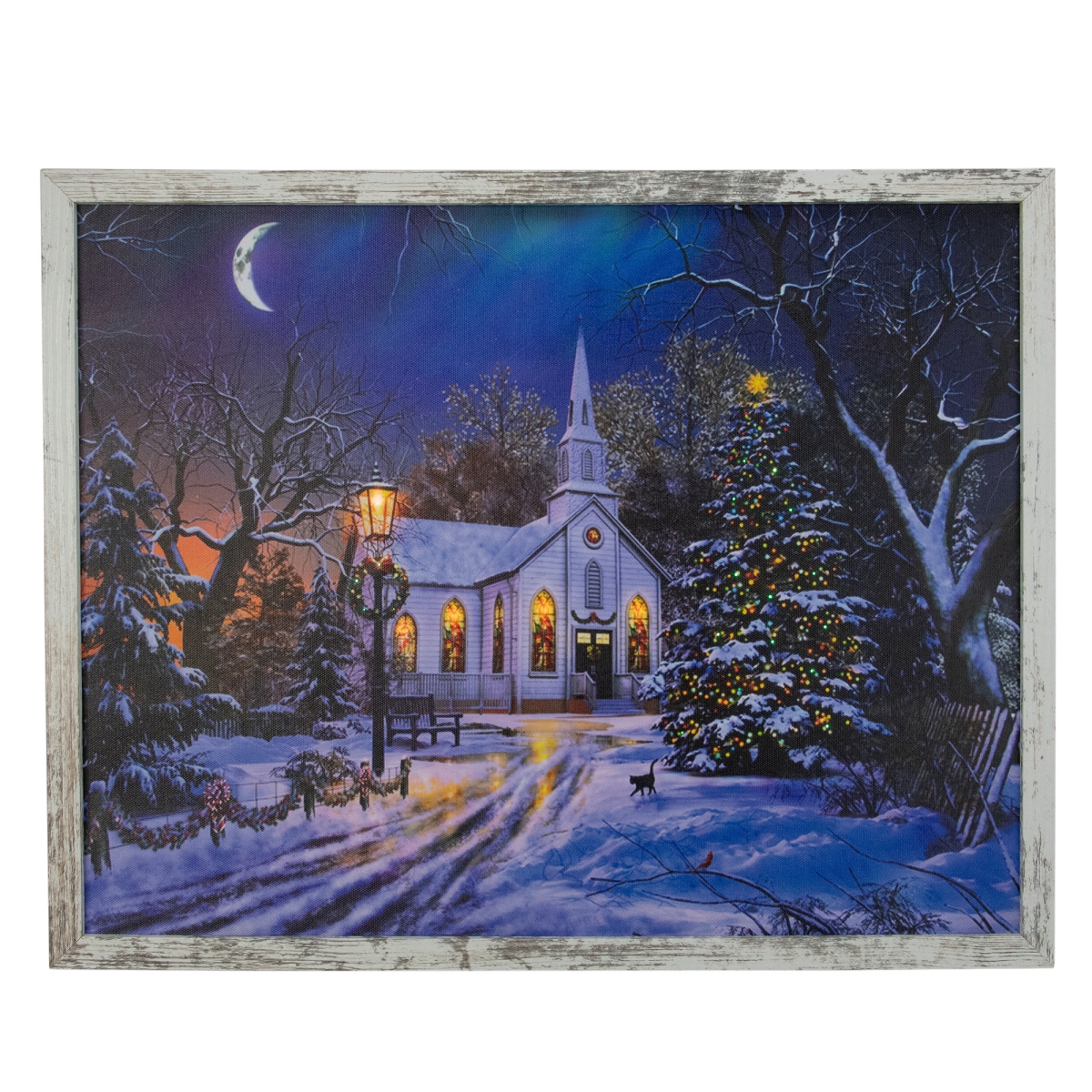 19 in. White Distressed Frame LED Lighted Church Christmas Wall Canvas