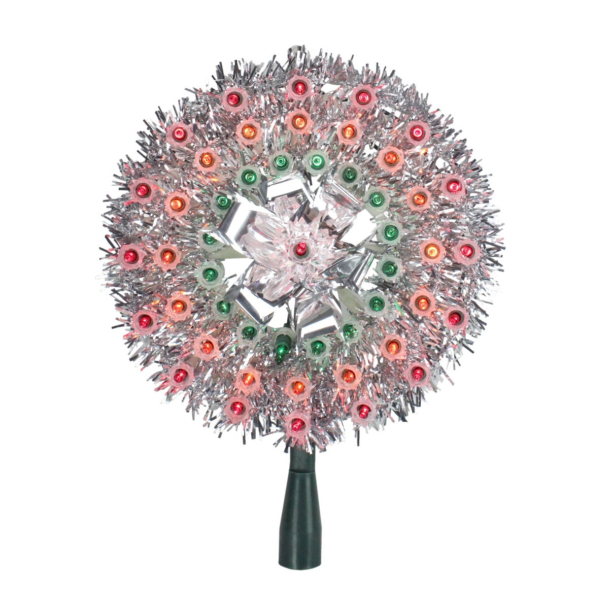 33388871 8 in. Lighted Silver Tinsel Starburst Christmas Tree Topper - Multi Lights -  NorthLight