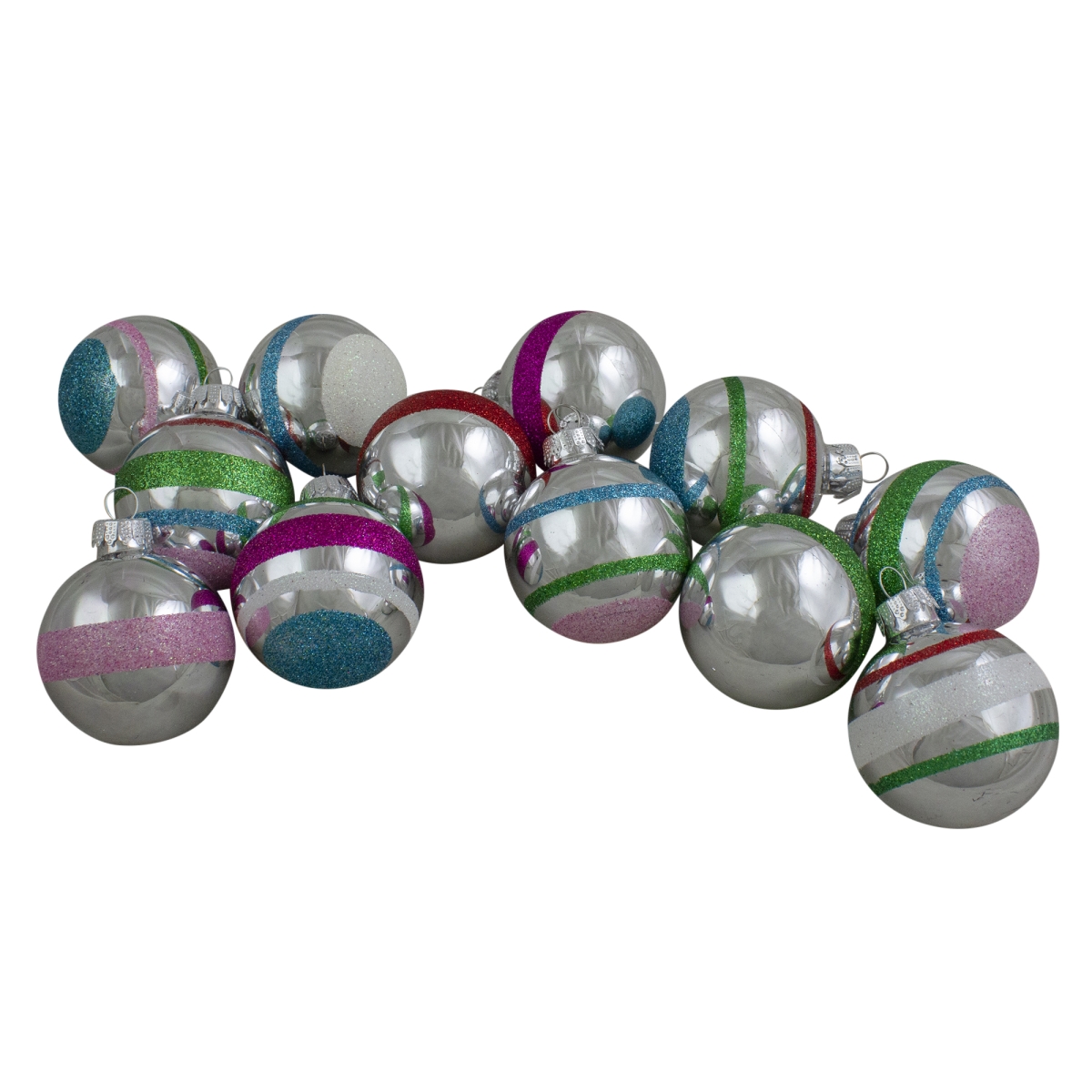 2.25 in. x 55mm. Shiny Silver and Multi Color Glitter Striped Christmas Ornaments - 12 Piece