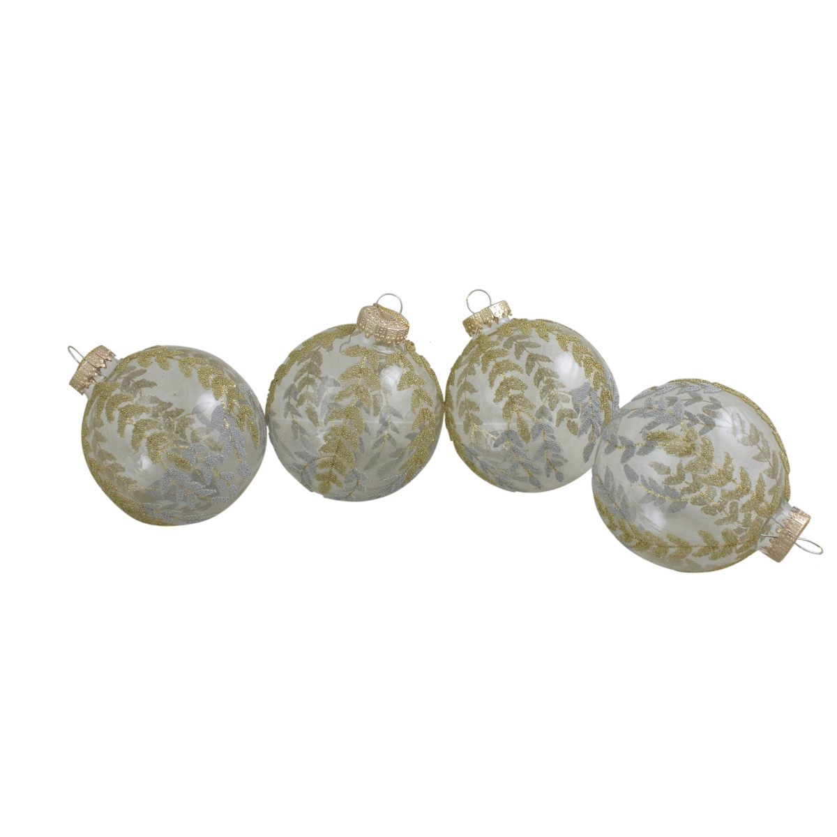 3.25 in. x 80mm. Clear Glass with Gold and Silver Glitter Leaves Christmas Ornament Ball Set - 4 Piece