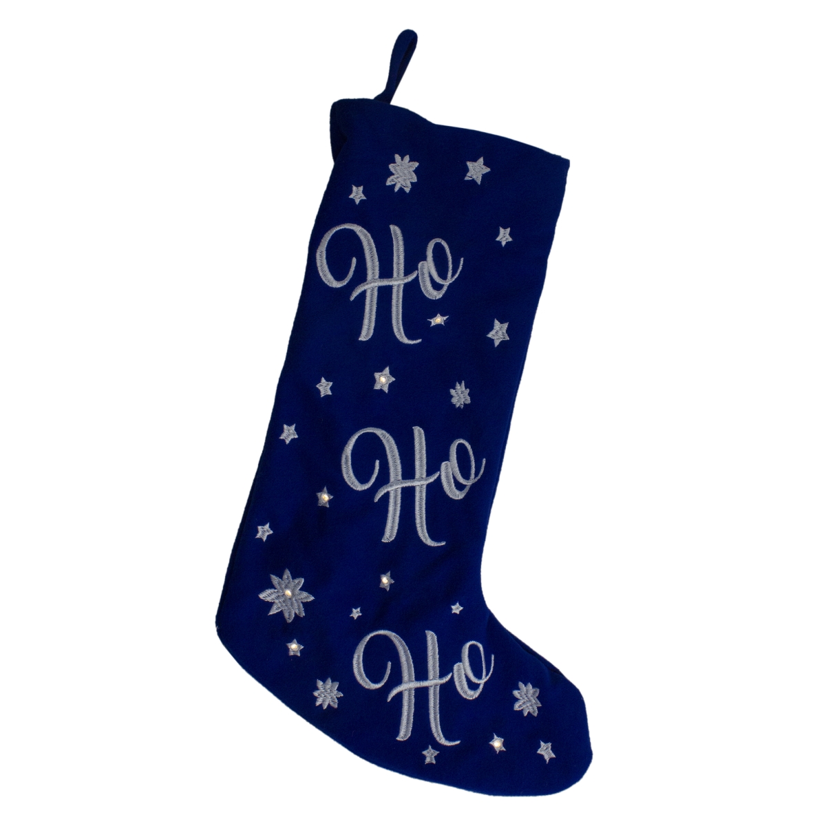 18 in. LED Blue Stocking Ho Ho Ho with White Snowflakes