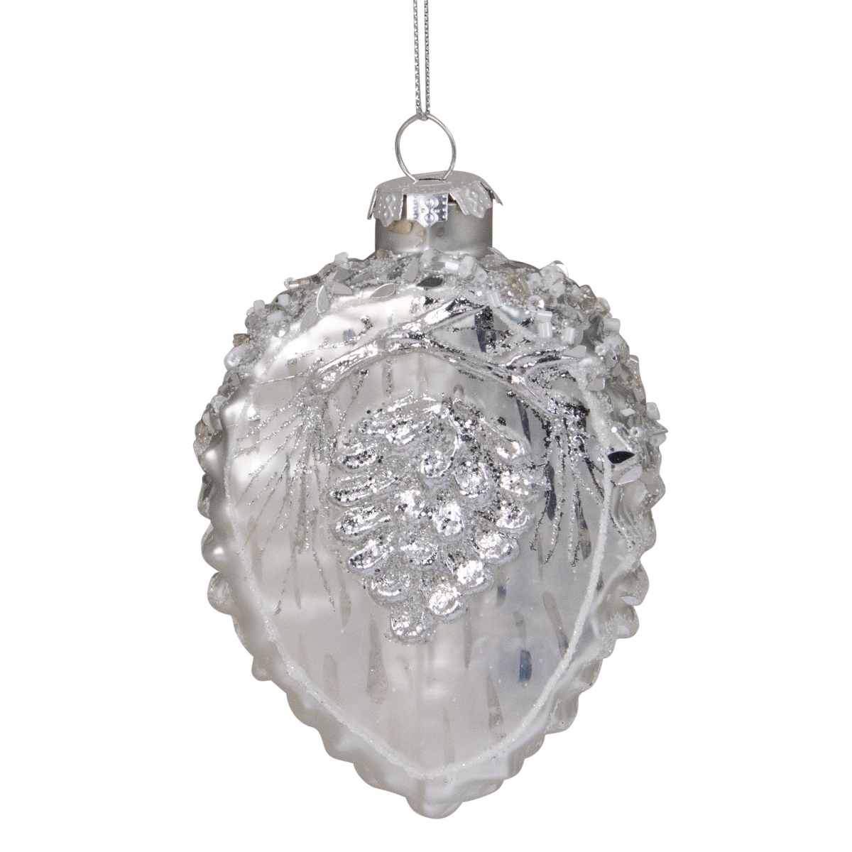 33750242 5 in. Glittery Silver Half Pine Cone Glass Christmas Ornament