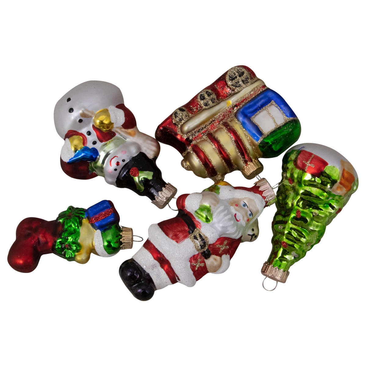 32815910 1-3.5 in. Festive Holiday Santa & Snowman Figurine Glass Ornament Set - 5 Count