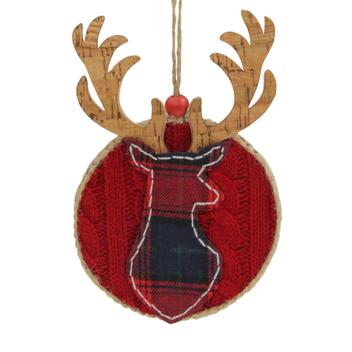 6 in. Red Plaid Deer Silhouette Round Fabric Christmas Ornament