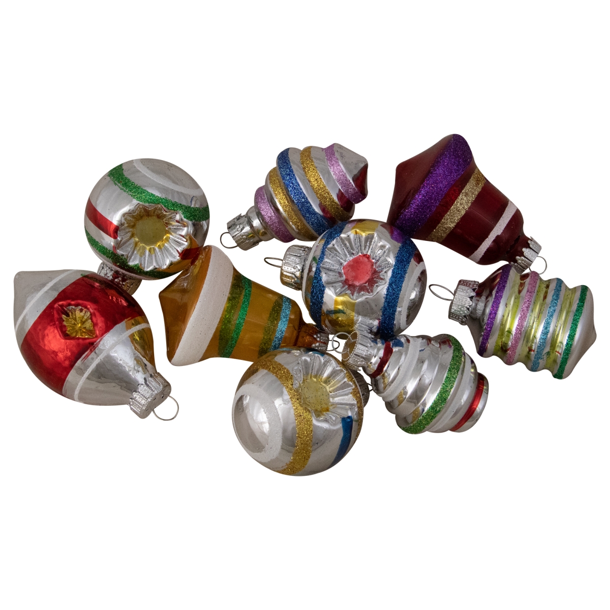 1.75-2.75 in. Shiny Pearl Yellow with Glitter & Solid Striped Finial & Bell Christmas Glass Ornaments - 9 Count