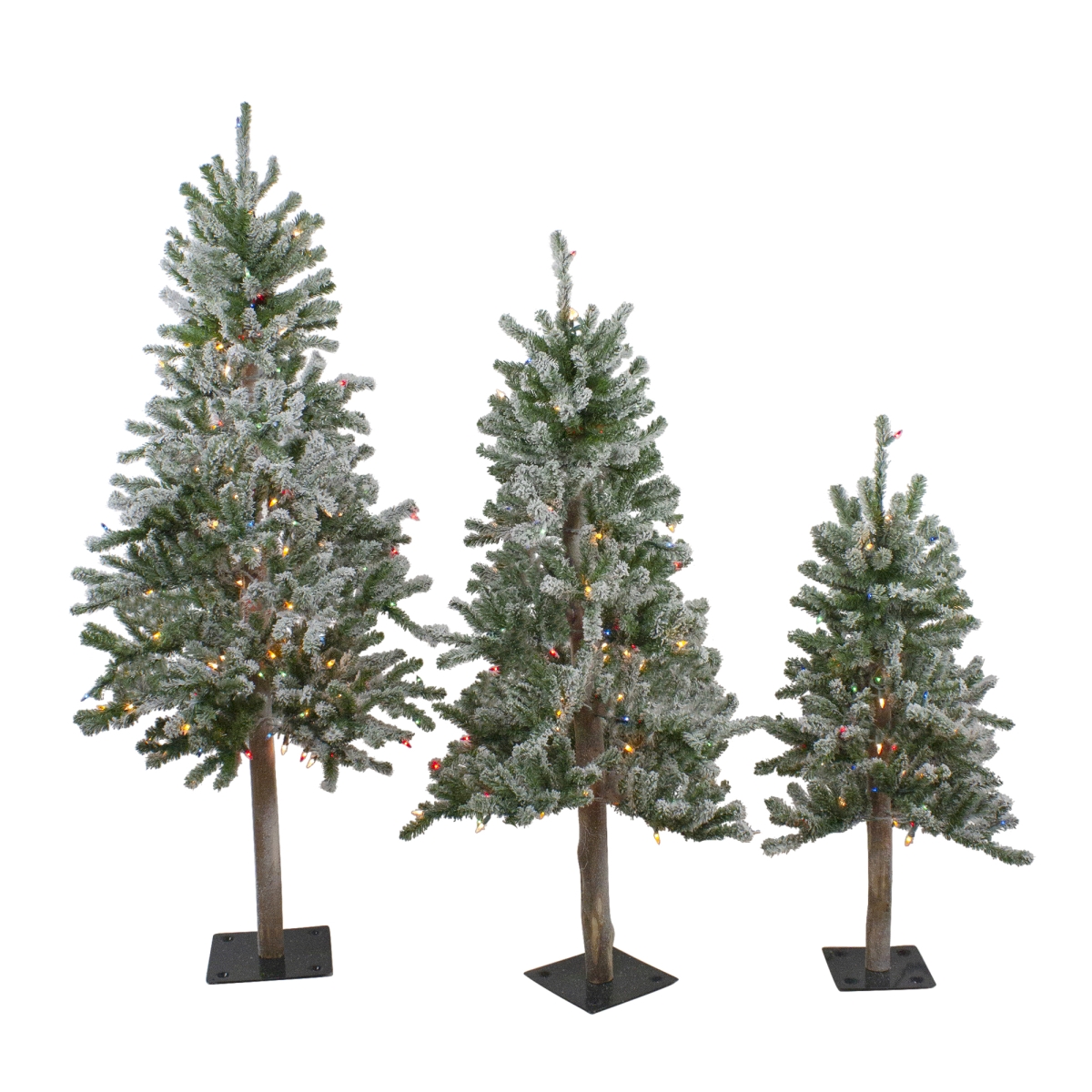 3, 4 & 5 ft. Pre-Lit Flocked Alpine Artificial Christmas Trees - Multi-Color Lights - Set of 3