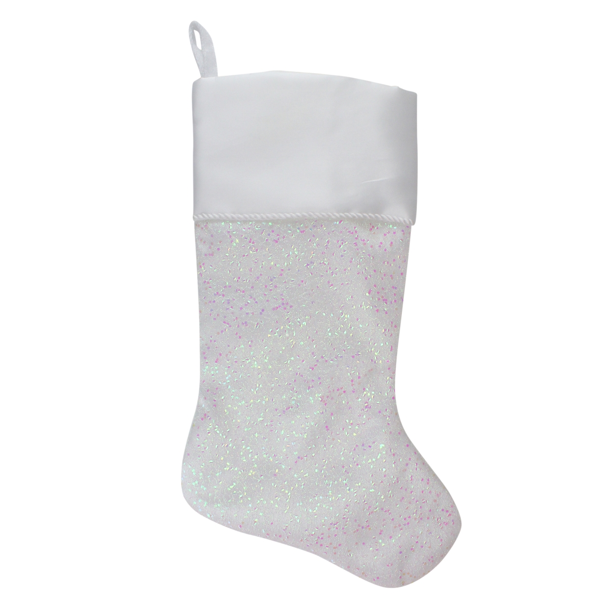 22.25 in. White with Pink Iridescent Glitter Christmas Stocking with Satin Cuff