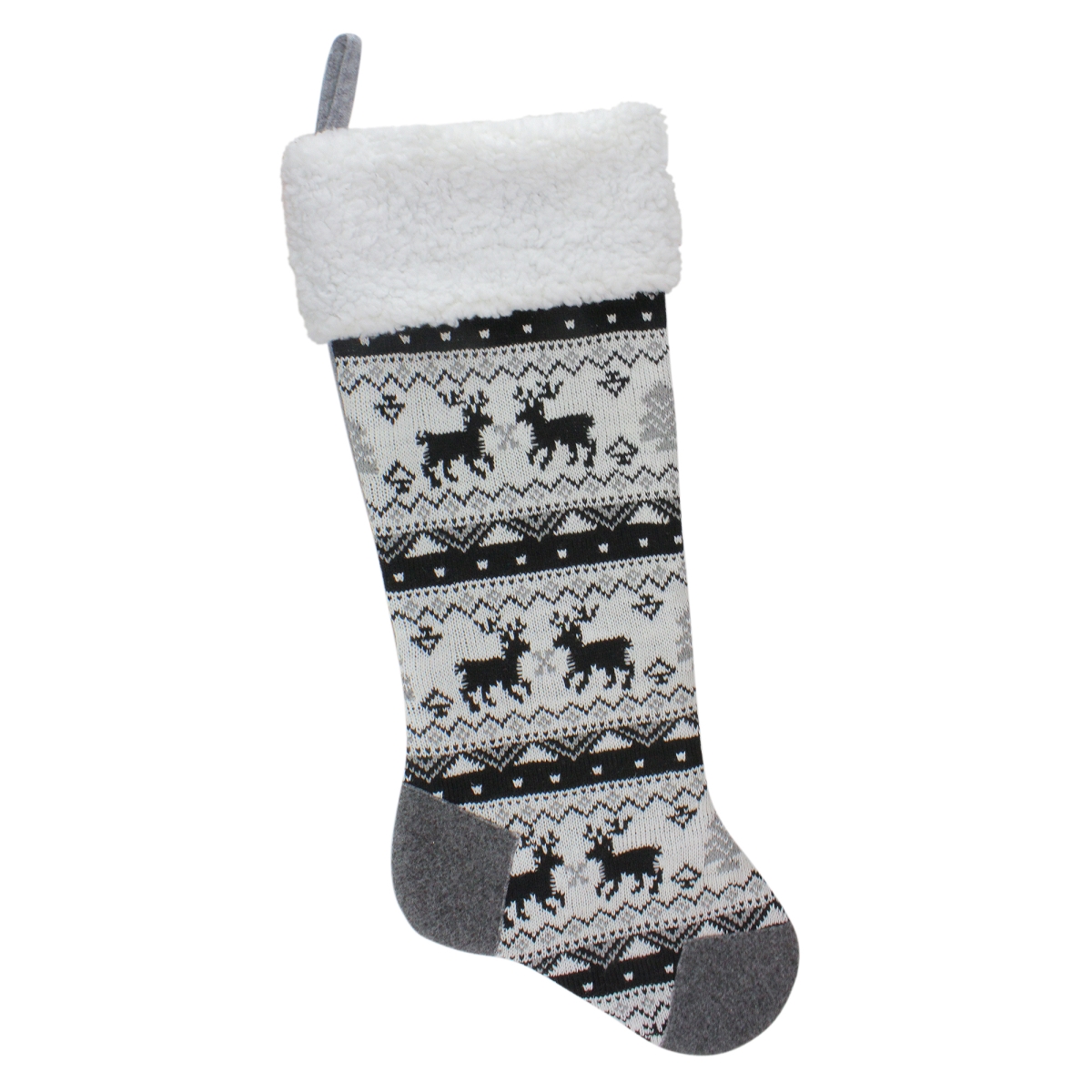 23.25 in. Black, Gray & White Rustic Lodge Knit Christmas Stocking with Sherpa Cuff