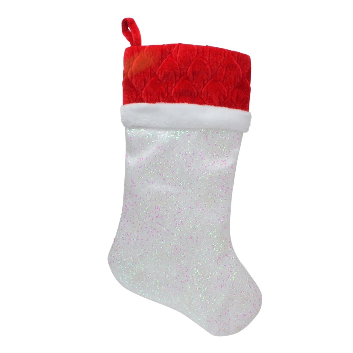 22.25 in. LED Lighted White Iridescent Glittered Christmas Stocking with Red Cuff