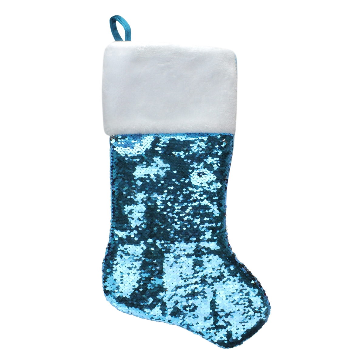33530800 22.75 in. Sky Blue & Silver Reversible Sequined Christmas Stocking with Faux Fur Cuff