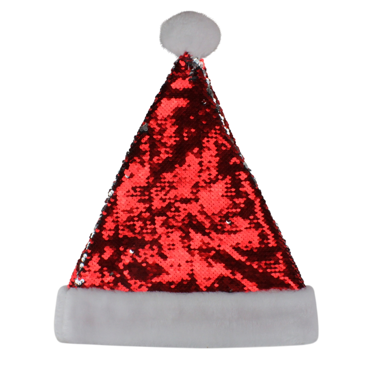 33530822 15 in. Red & Silver Reversible Sequined Christmas Santa Hat with Faux Fur Cuff -  NorthLight