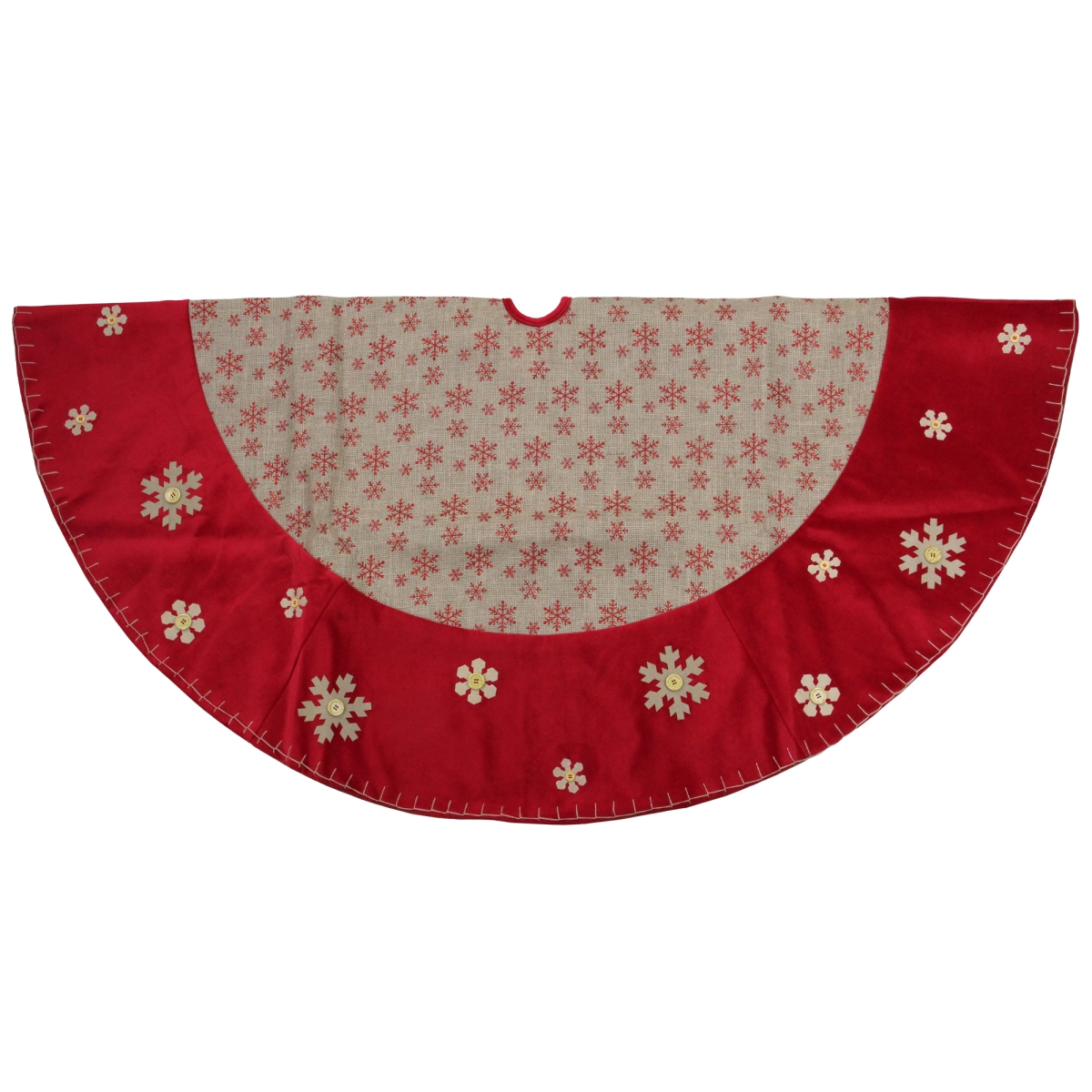 60 in. Burlap Glittered Snowflake Rustic Christmas Tree Skirt with Red Velvet Trim