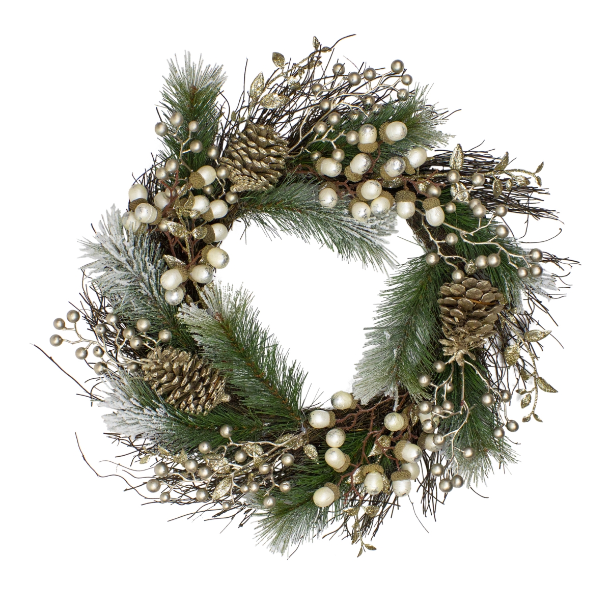 22 in. Acorn & Pine Cone Flocked Pine Needle Grapevine Christmas Wreath - Unlit