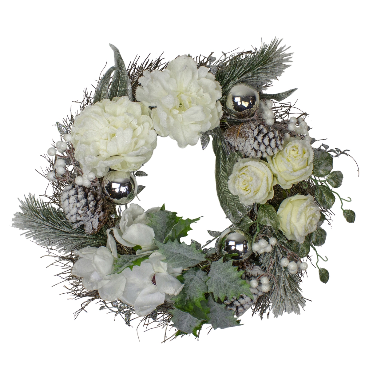 24 in. White & Silver Floral Flocked Pine Artificial Grapevine Christmas Wreath - Unlit