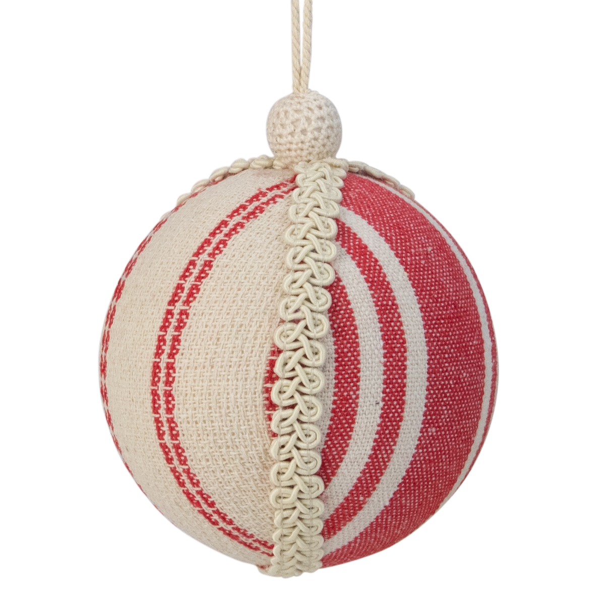 4.75 in. White & Red Striped Ball Christmas Ornament with Rope Accent