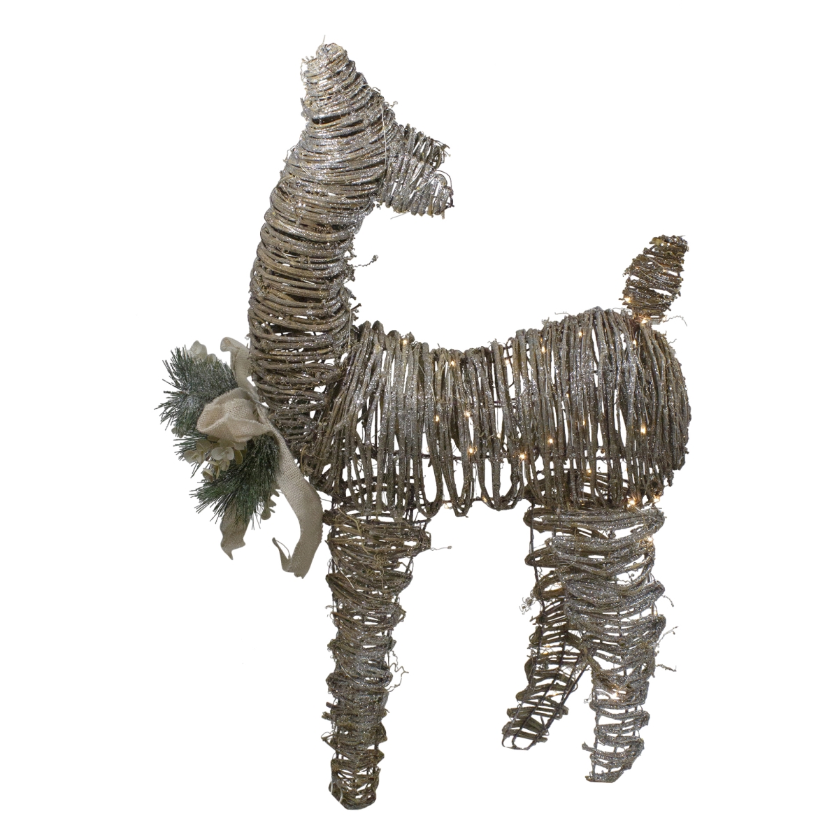 32 in. 3D Pre-Lit Standing Rattan Reindeer with Ivory Bow & Pine Boughs Cones Outdoor Christmas Decoration