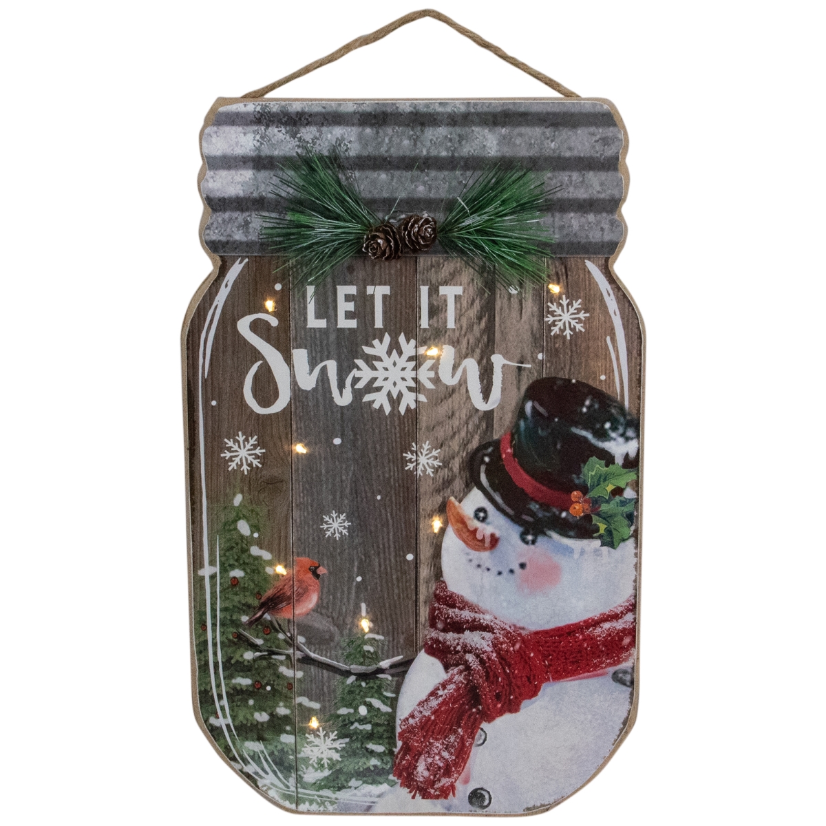 34313193 13.5 in. Battery Operated Mason Jar with Snowman Let It Snow Christmas Wall Sign