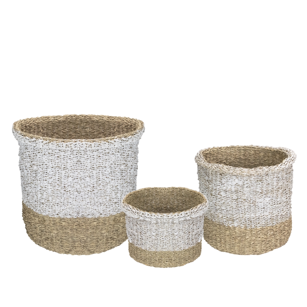 Wicker Table & Floor Baskets, Beige & White Set of 3