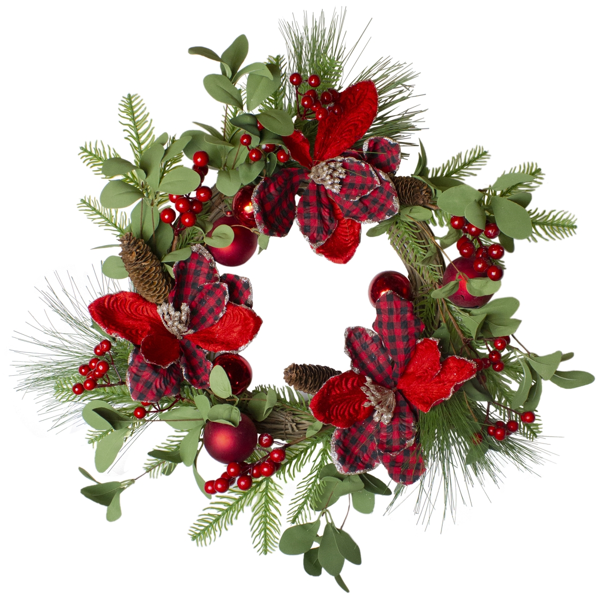 22 in. Berries Artificial Christmas Wreath, Magnolia & Red - Unlit