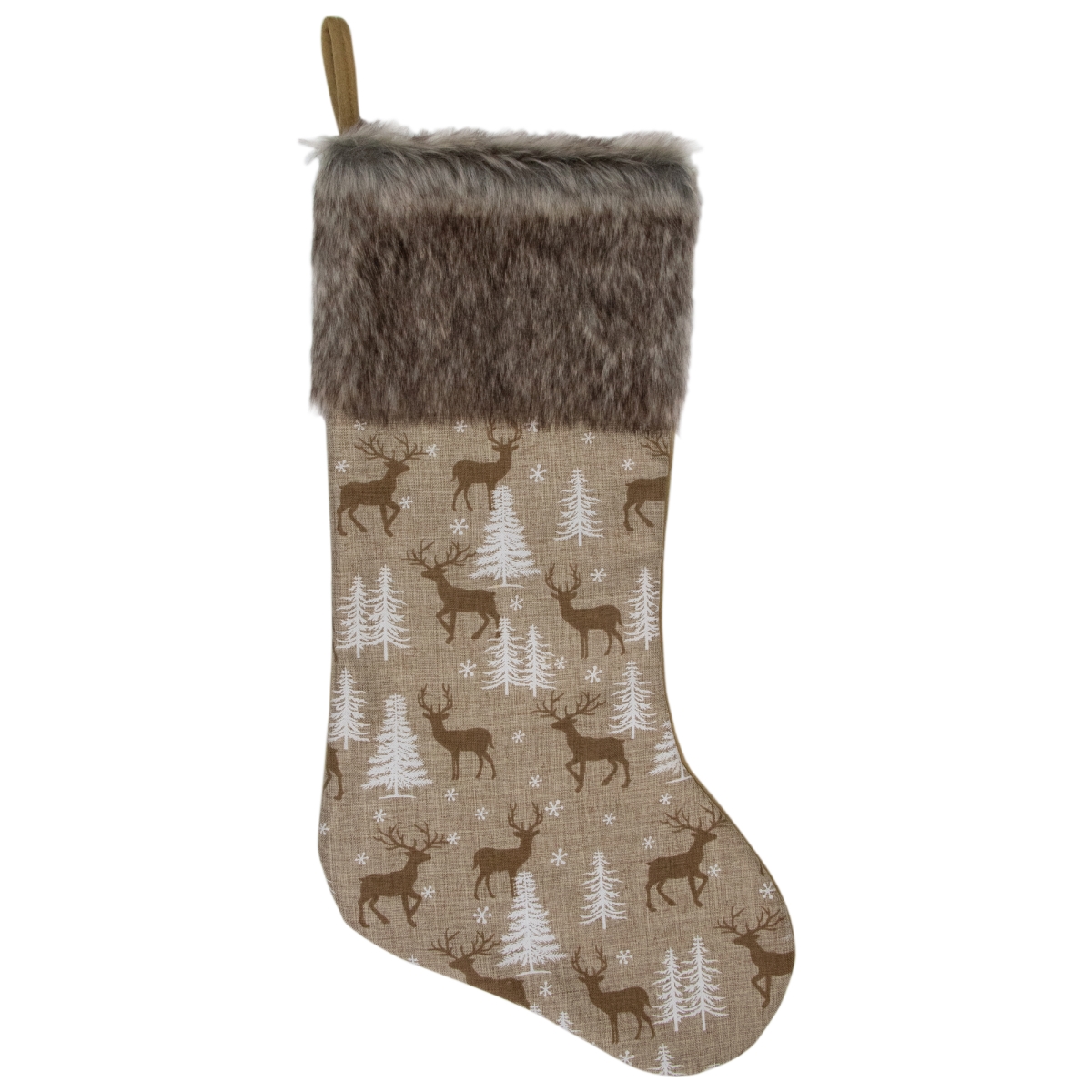 34315189 20 in. Reindeer Christmas Stocking with Faux Fur Cuff, Brown -  NorthLight