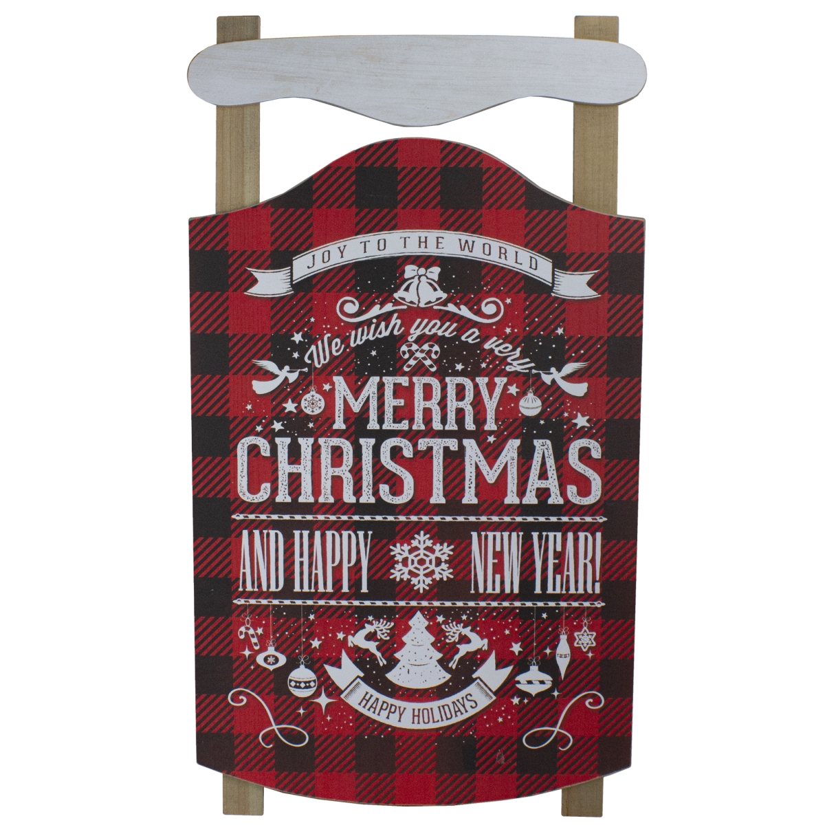 24 in. Buffalo Plaid Merry Christmas Sled Wooden Hanging Wall Sign, Red & Black