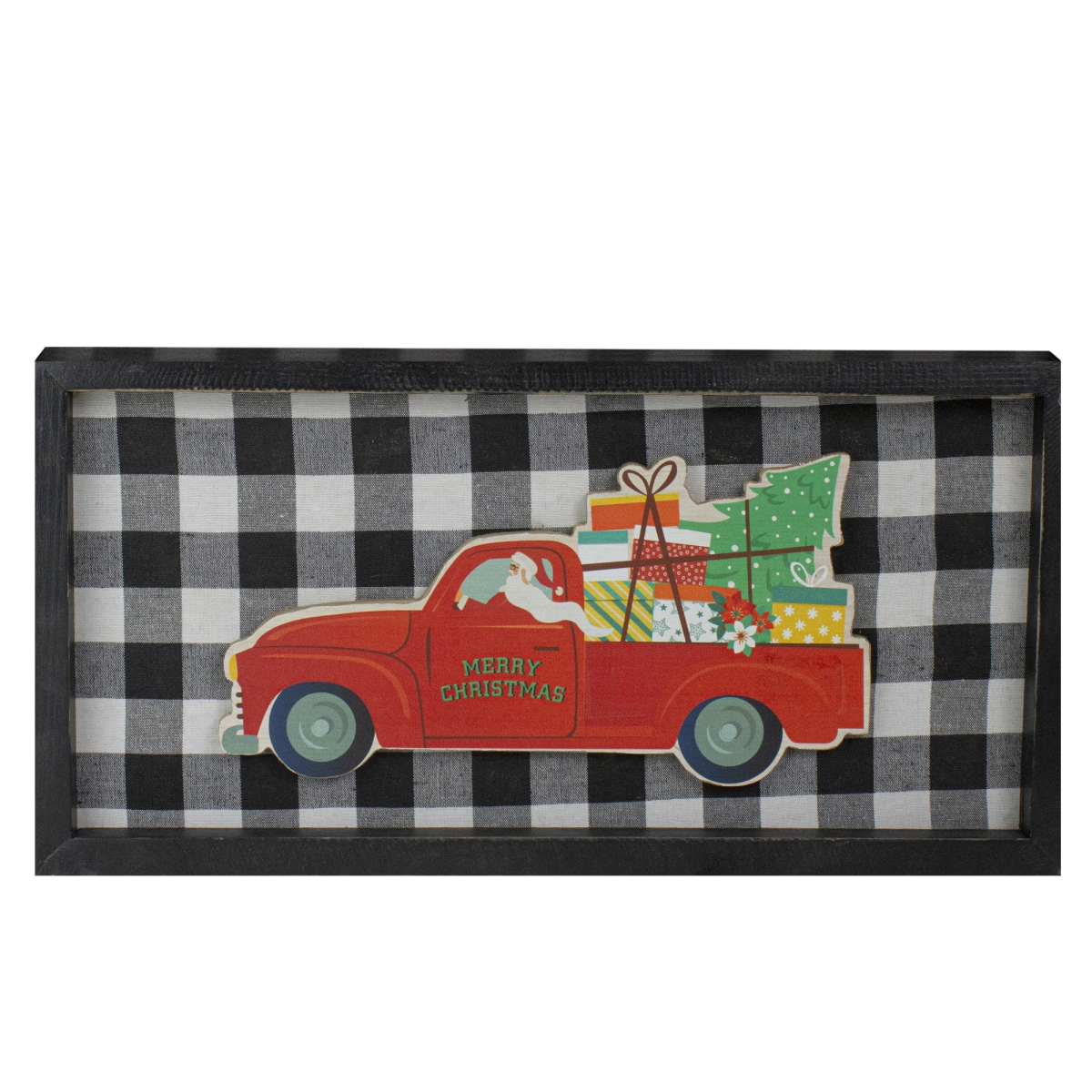 16 in. Buffalo Plaid Santa Farm Truck Wooden Christmas Plaque, Black & White