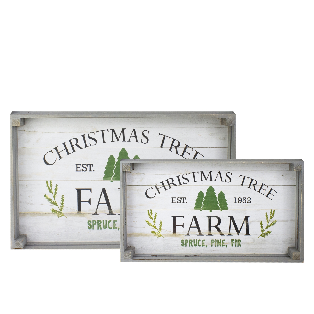 18-21 in. Farm Fresh Christmas Trees Wooden Tray Hanging Signs Set of 2, Gray & White