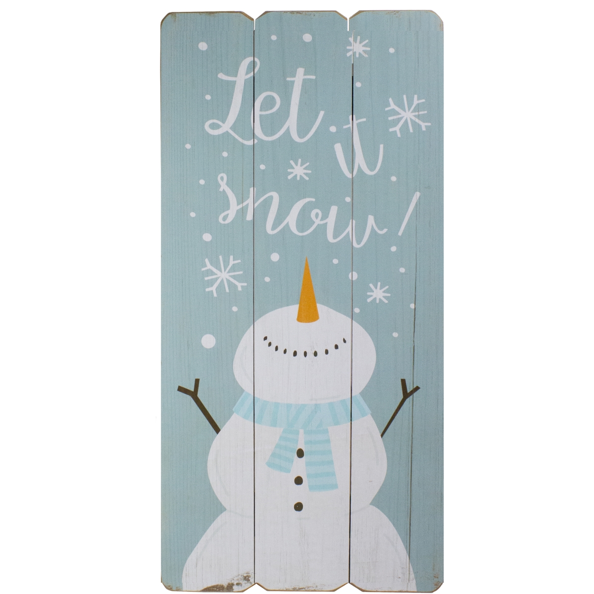 34308700 24 in. Let It Snow Happy Snowman Wooden Hanging Christmas Wall Sign, Blue & White