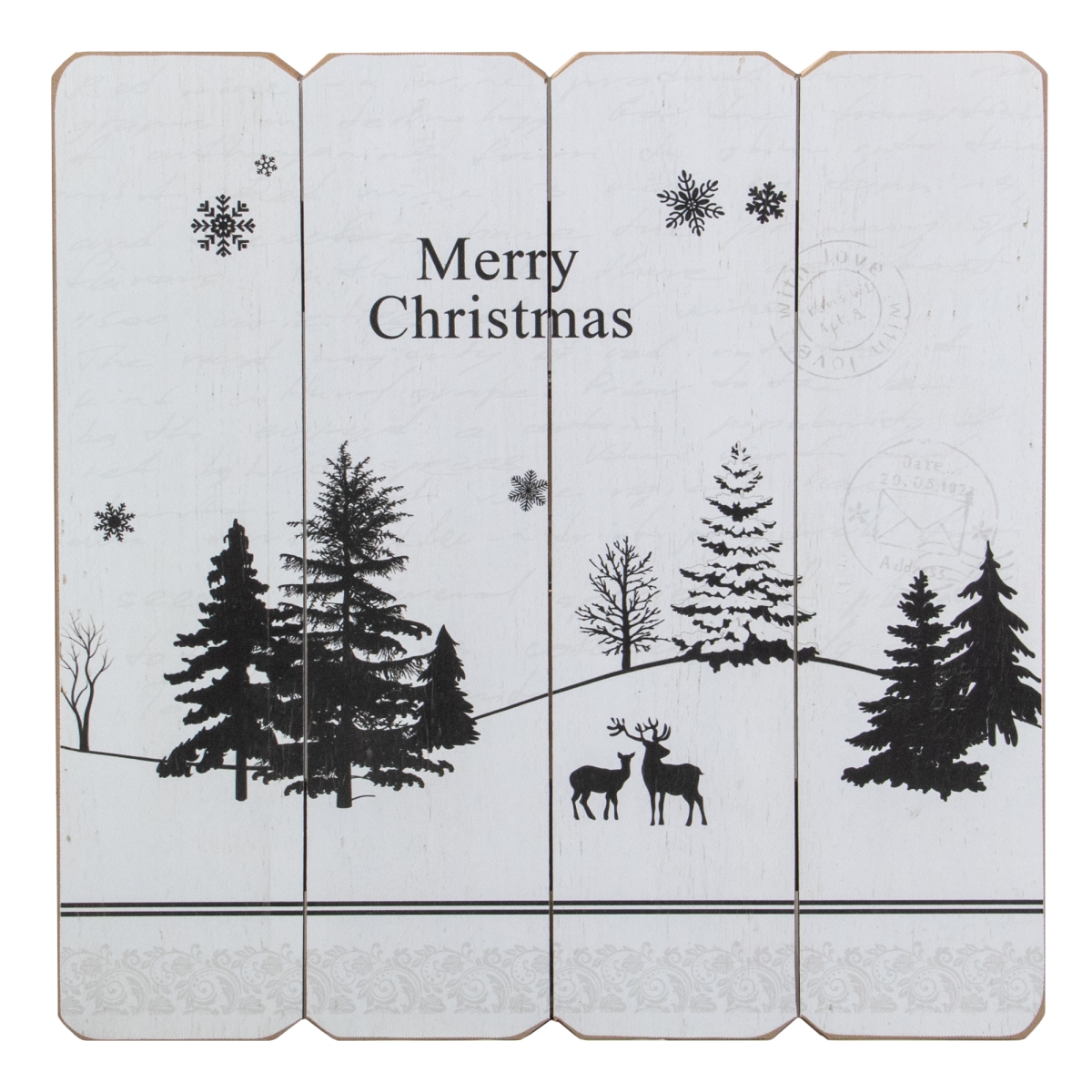 16 in. Merry Christmas Post Card Winter Scene Wooden Wall Sign, White