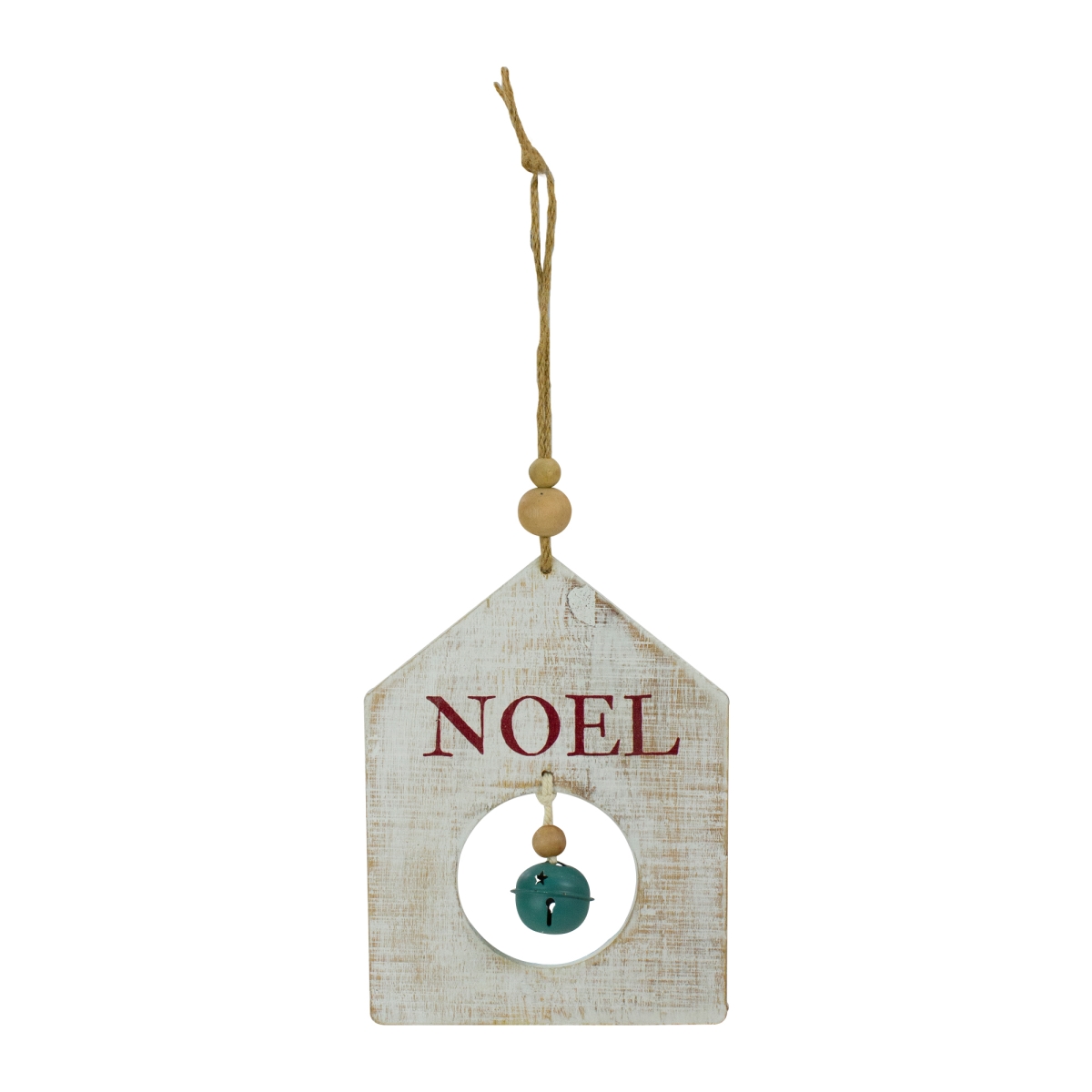 8 in. Rustic Wooden NOEL with Green Bell Christmas Ornament, White