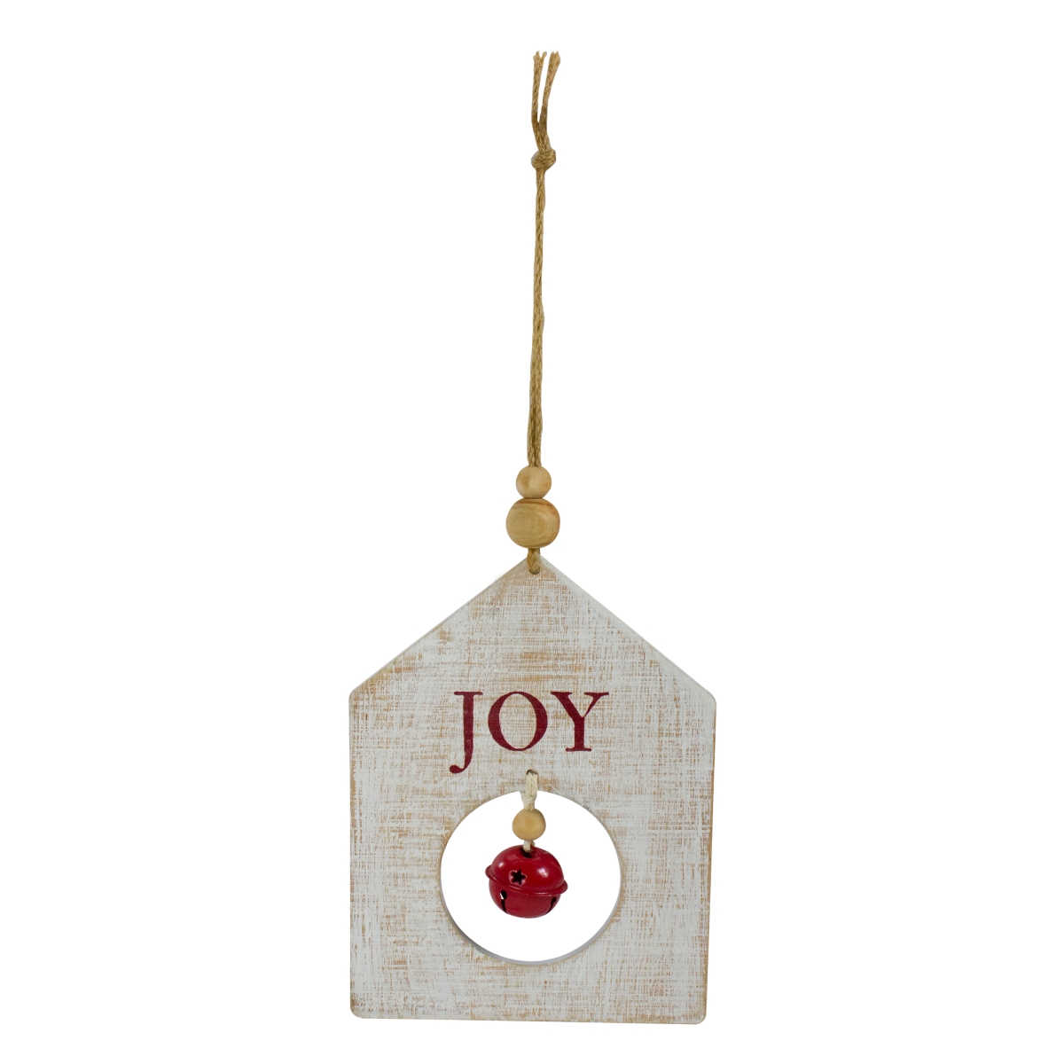8 in. Wooden JOY with Red Bell Christmas Ornament, White