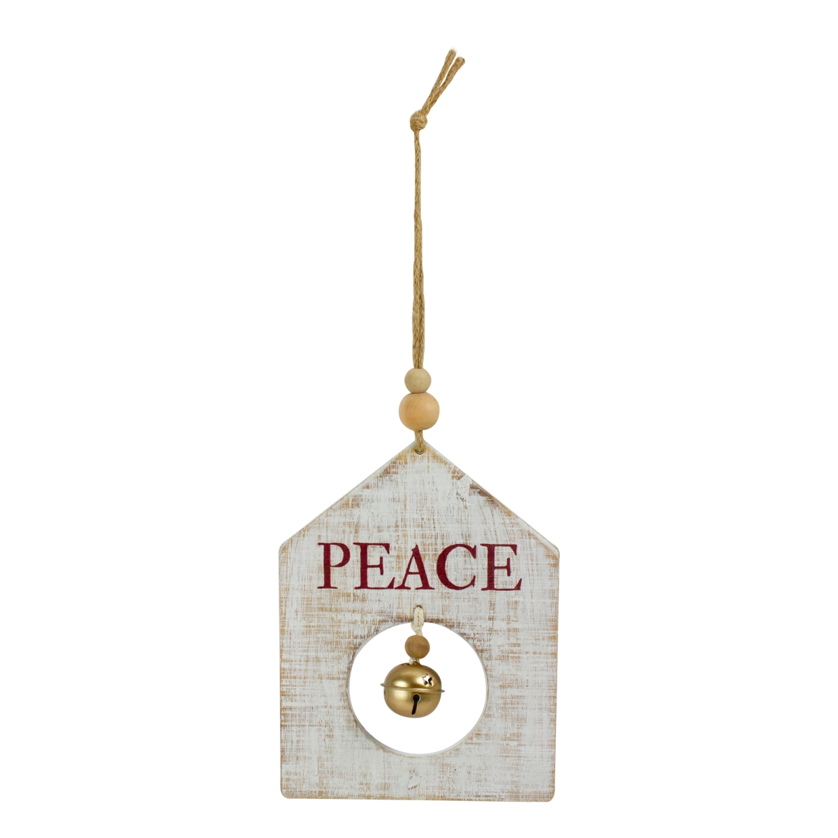 8 in. Wooden Peace with Gold Bell Christmas Ornament, White