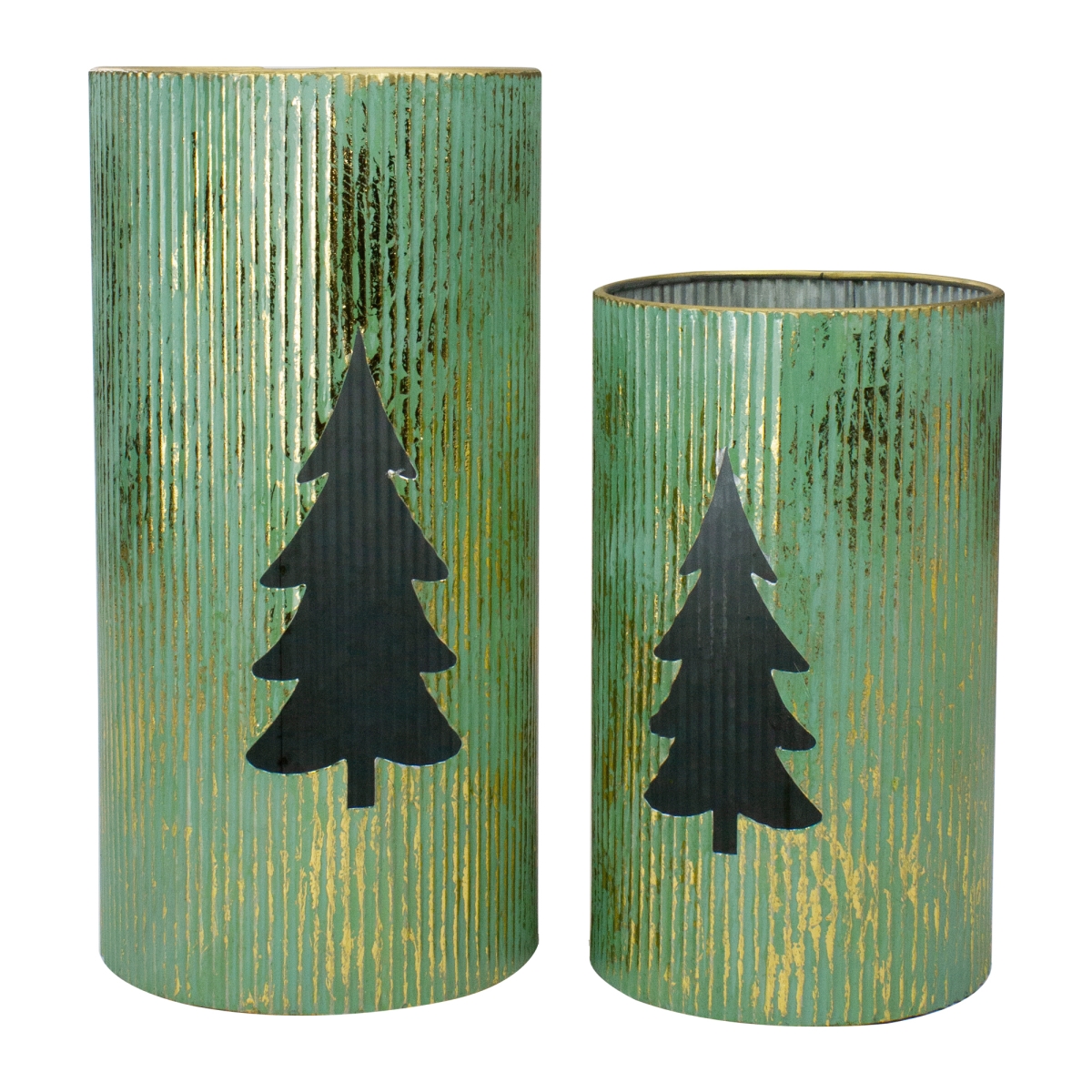 12 in. Rustic Christmas Tree Tabletop Lanterns, Green & Gold - Set of 2