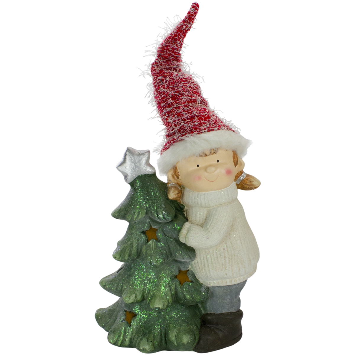 30 in. Girl Hugging a Tree Christmas Tabletop Decoration, Green & Red