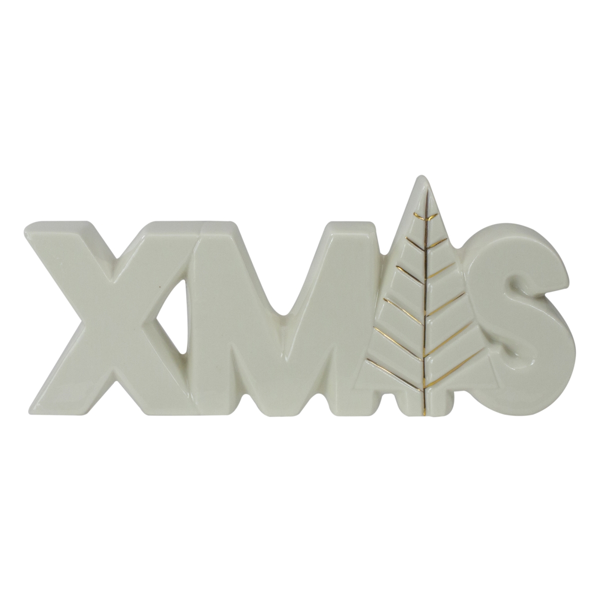 8 in. XMAS Ceramic Christmas Tabletop Sign, White & Gold