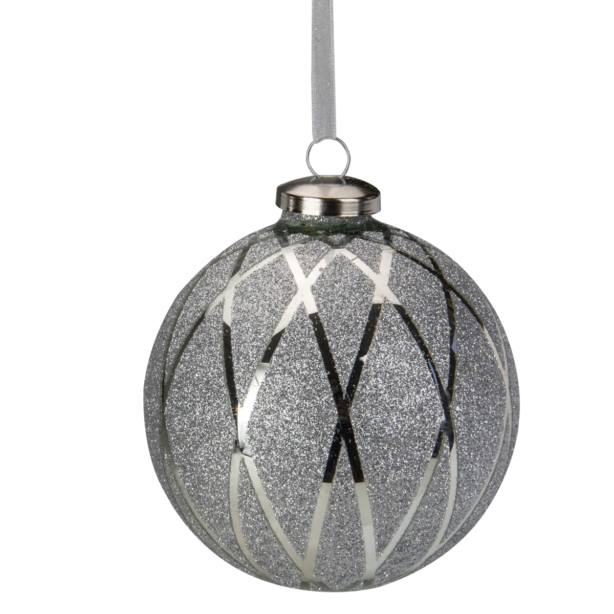 5 in. Diamond Pattern with Glitter Christmas Glass Ball Ornament, Silver