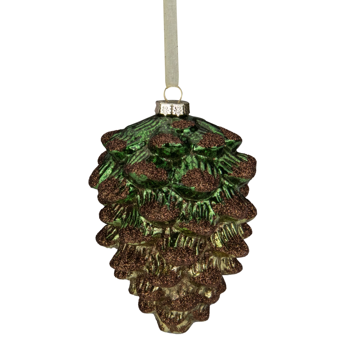 4.5 in. Pine Cone with Bronze Glitter Glass Christmas Ornament, Green