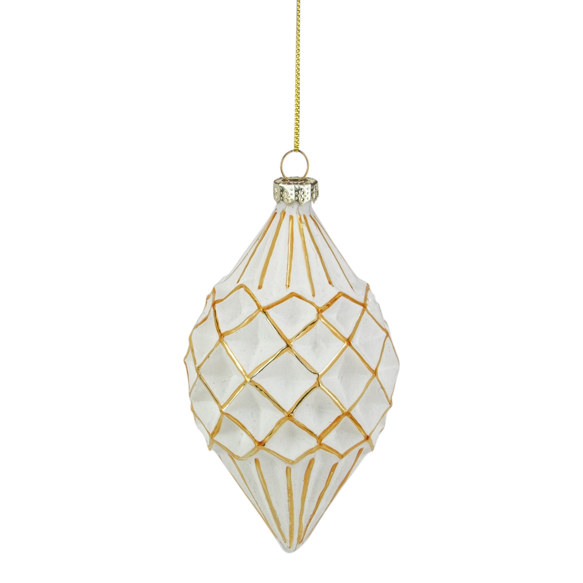 5 in. Glitter Geometric Glass Finial Christmas Ornament, White & Gold
