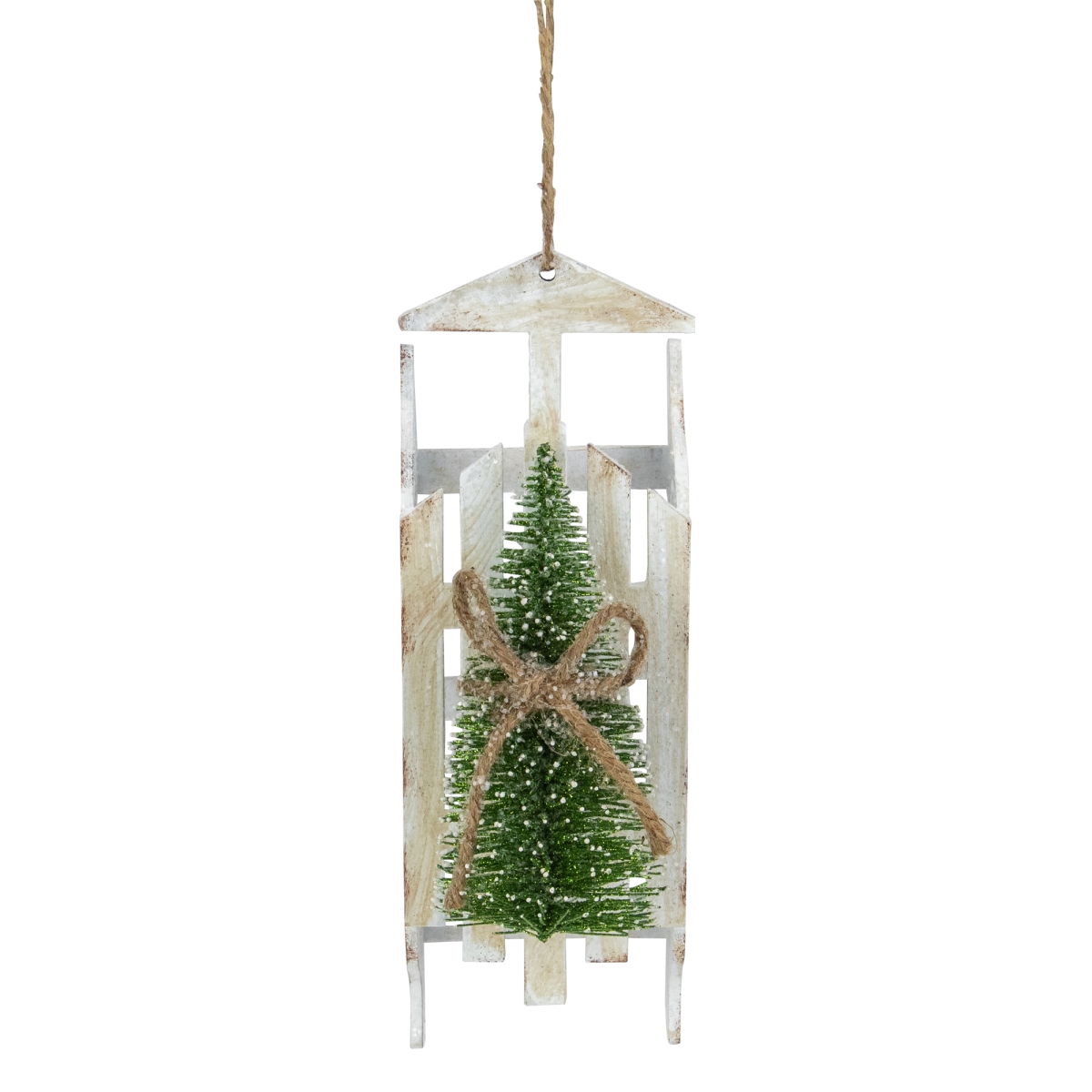 9 in. Tree on Wood Sled Christmas Ornament, White
